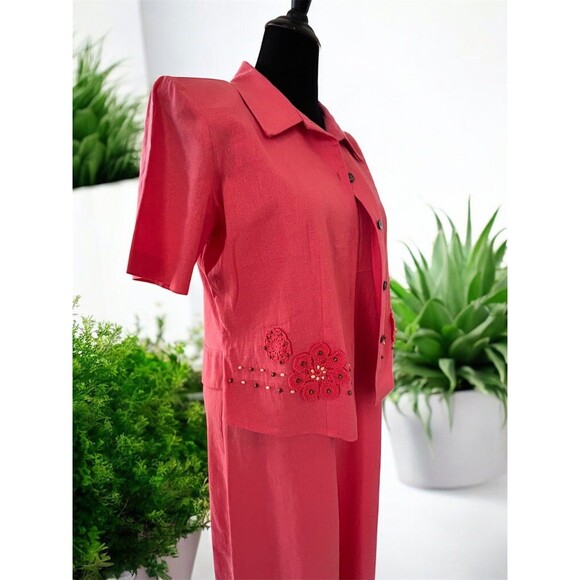 Vintage K-Studio 2 Piece Maxi Dress & Jacket Set Linen Embroidered Coral Pink Lg - Picture 9 of 16
